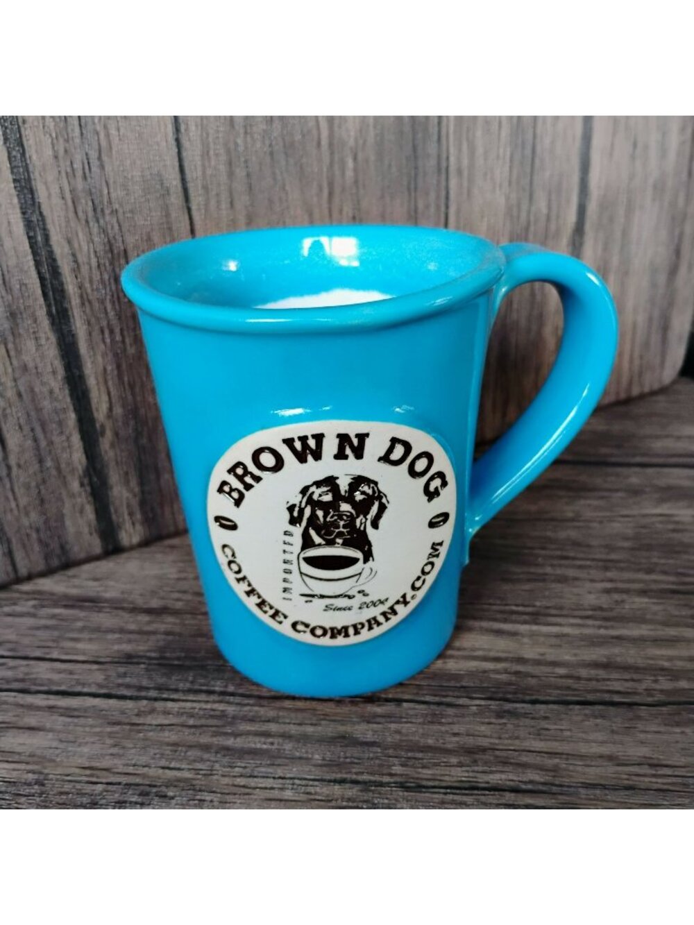 Hand Crafted Stoneware Mug, Brown Dog Coffee Company, Blue Cup, Made in USA, NC